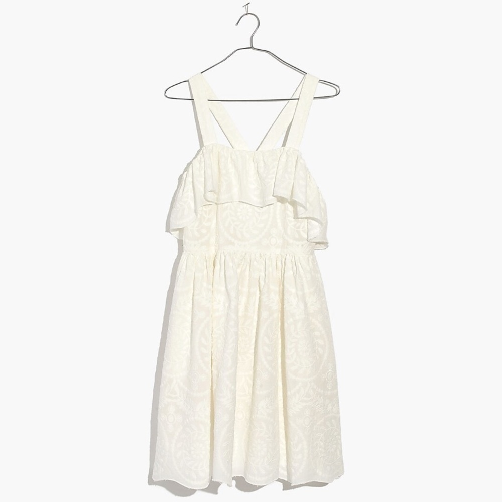 Madewell Embroidered Apron Ruffle Dress White Lace Criss Cross Back Size 10 - Picture 13 of 13